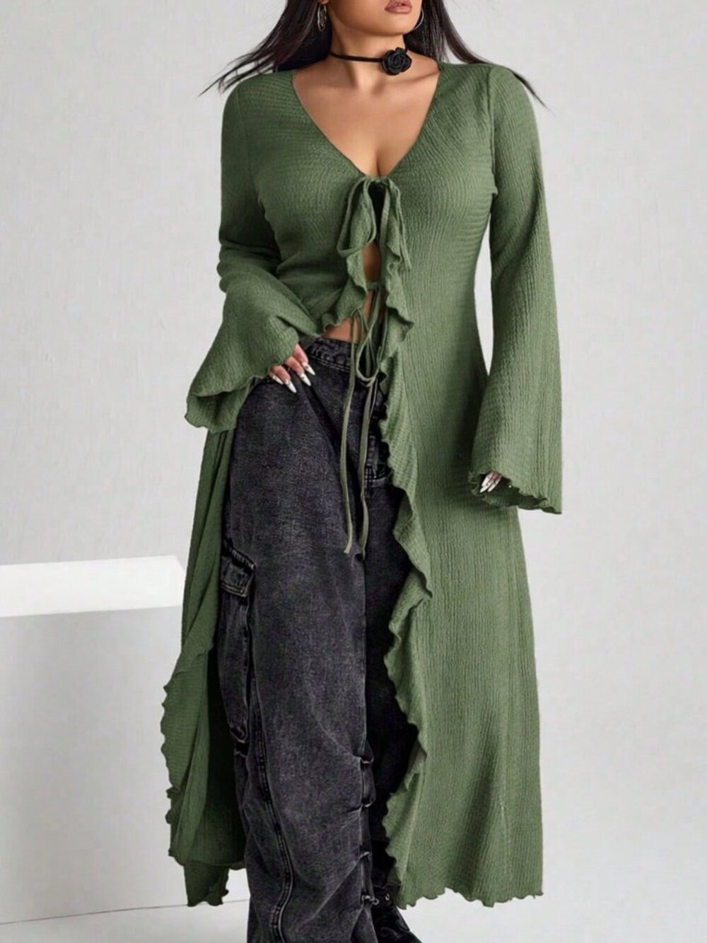 Army Green Casual Women's Plus Size V-Neck Tie-Front Bell Sleeve Knit Top